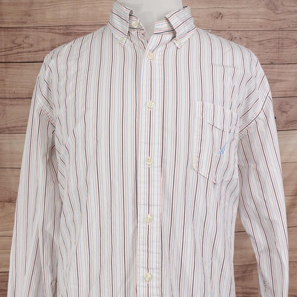 Nautica Shirt Mens 2XL White Striped Long Sleeve Button-Up Classic Fit Cotton